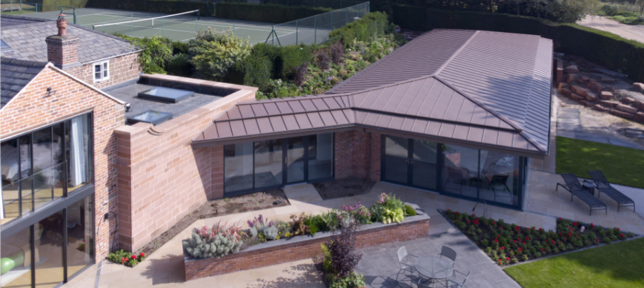 Zinc roof over a swimming pool in Cheshire - view from above